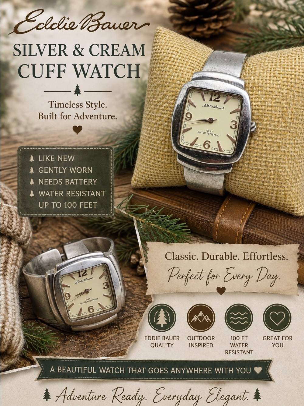 Eddie Bauer Silver and Cream Cuff Watch